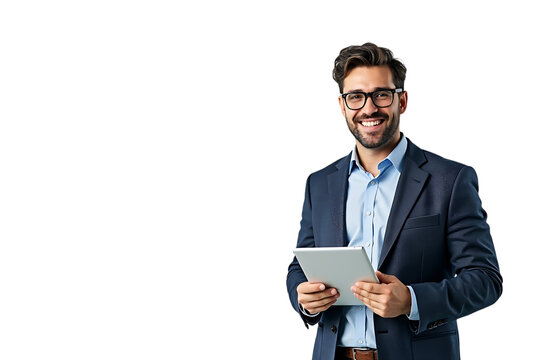  smiling businessman in suit holding a tablet, isolated on transparent background