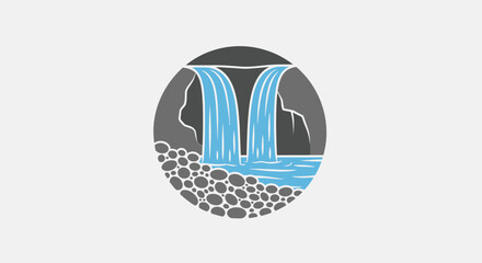 Stylized Waterfall Illustration with Cascading Water and Rocks. © Alienmarsh