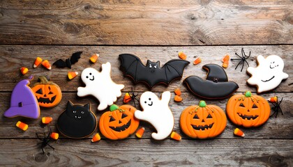 Halloween Decorated Cookies Featuring Ghosts, Bats, Witch Hats, Pumpkins, Black Cats, Candy Corn, and Spiders on Rustic Wood