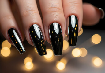 Close-up of a woman's hand with perfectly manicured, glossy black coffin-shaped nails, illuminated by soft, blurred golden bokeh lights in the background.