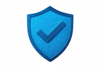 Blue shield with a check mark symbolizing security, protection, and verification on a transparent background