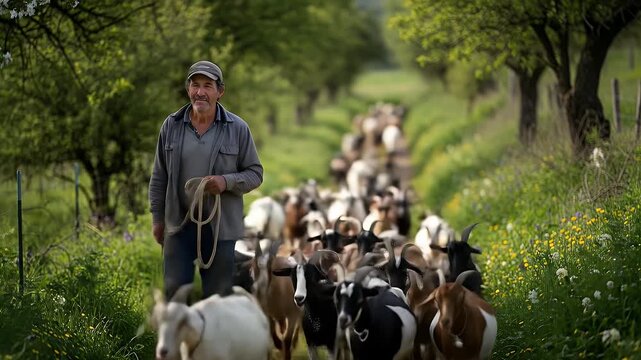 Smiling Shepherd Confidently Leads His Herd of Goats Down a Lush, Green Countryside Path