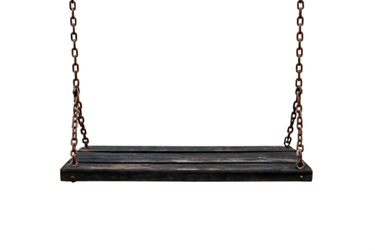 Rustic wooden swing seat hanging chains isolated on white background