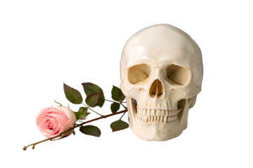 Skull and pink rose isolated on white background