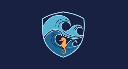 Seahorse and Ocean Waves in a Shield Emblem Logo.
