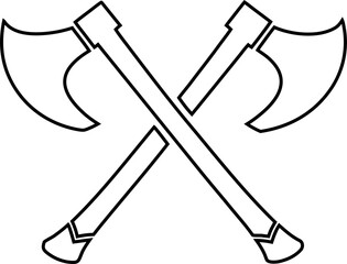 Rustic outline crossed axes badge for adventure gear, survival crests, and game logo aesthetics.