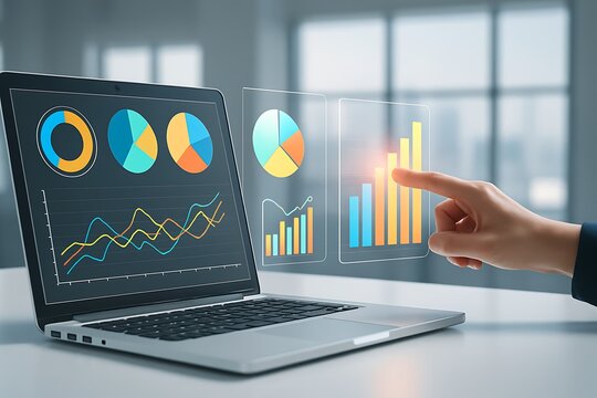 Analyzing Business Performance with Colorful Pie and Bar Charts on Digital Display Keywords: business performance