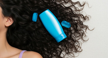 Flat lay of blue cosmetic bottle mockup with copy space on woman's long curly dark hair