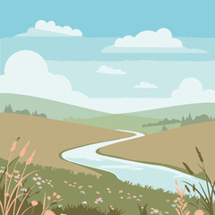 A scenic countryside landscape with meandering river. A tranquil view of rolling hills with wildflowers and grasses.