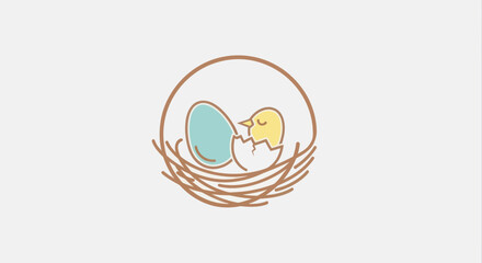 Newborn chick hatching from an egg in a cozy bird nest illustration.