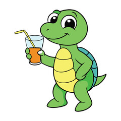 A cheerful cartoon turtle sips a fruity cocktail with a tiny umbrella, relaxing with a big smile. Fun, tropical vibes make this scene playful and full of vacation joy.
