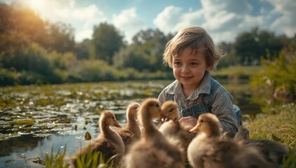 Smiling child joyfully feeds ducks beside lily pond in golden sunlight