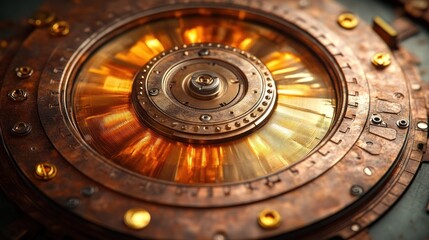 Detailed close-up of intricate, ornate, copper-toned gears and mechanisms