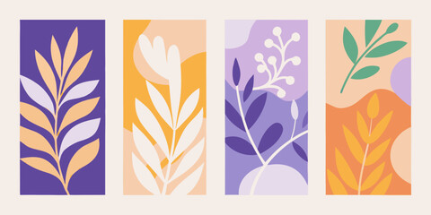 Four vertical abstract art panels with geometric shapes and gradients