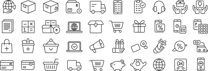 Ecommerce online shopping and delivery icon set with cart payment package gift discount shipping customer support and finance symbols