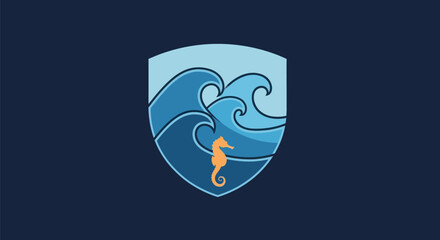 Oceanic Shield Emblem with Seahorse and Waves.
