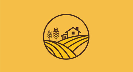 Farm scene illustration with house fields and wheat in a circular design.