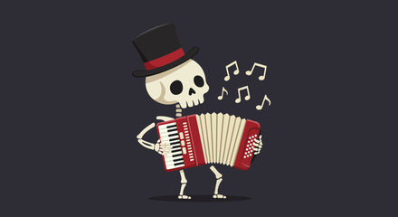 A jovial skeleton character, sporting a tiny top hat, cheerfully plays a miniature accordion with musical notes floating around in this Flat Design illustration. 