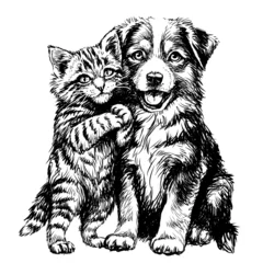 A kitten and a puppy. A graphic, sketchy portrait of a happy kitten and a puppy on a white background. © AnastasiaOsipova