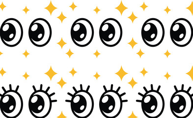 Obraz premium Cute cartoon eyes and sparkle stars vector set with kawaii style big eyes, eyelashes, shining star elements for decoration