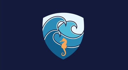 Ocean Crest with Waves and Golden Seahorse Illustration.