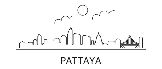 Naklejka premium Pattaya Line Art Skyline Silhouette Thailand Cityscape Outline Vector. with white background