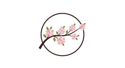 Elegant cherry blossom branch with pink flowers inside a black circle.