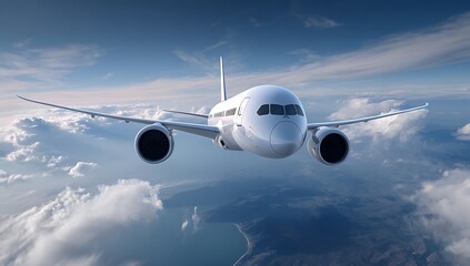 Naklejka premium Airplane flying through clouds above the sky