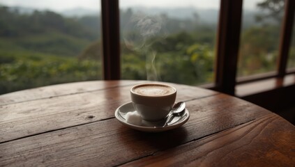 Fototapeta premium Steaming Colombian tinto coffee served rustic café table overlooking misty plantations
