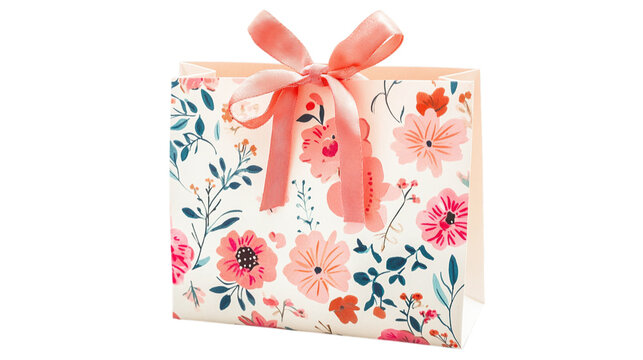 • A cute handmade Mother’s Day gift bag with floral patterns, isolated on white background in HD 