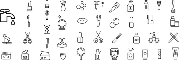 Beauty and cosmetics icons set, skincare, makeup products, hair care, spa, personal hygiene, grooming tools, line art collection