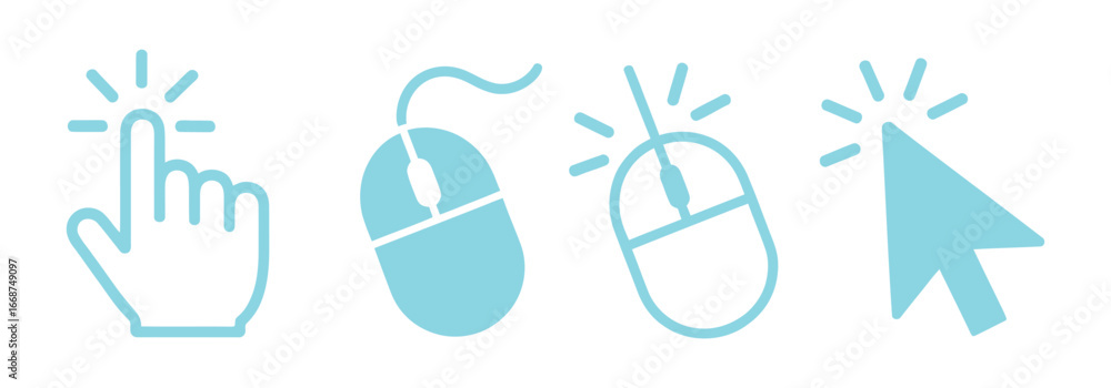 Fototapete clicking icons in vibrant turquoise, showing hand pointer and mouse cursors for modern website desig