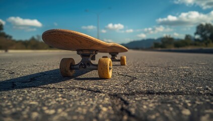 Worn skateboard rests sunlit asphalt road bold shadows midday sky above