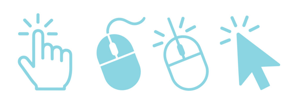 Clicking icons in vibrant turquoise, showing hand pointer and mouse cursors for modern website design and user interface, perfect for app development and interactive digital experiences
