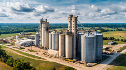 Modern grain silos storage facility near city skyline