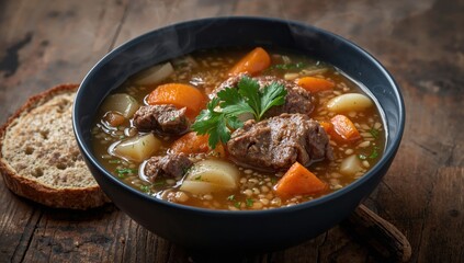 Rustic steaming Scotch broth served with oatcake on wooden farmhouse table