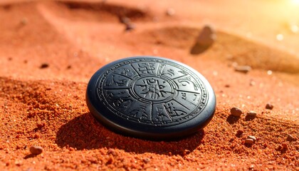 Engraved Disc on Sand Surface with Light Flare