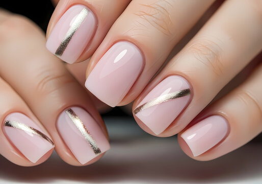 A close-up of a woman's hands showing a stylish nude pink manicure with a diagonal metallic stripe design.