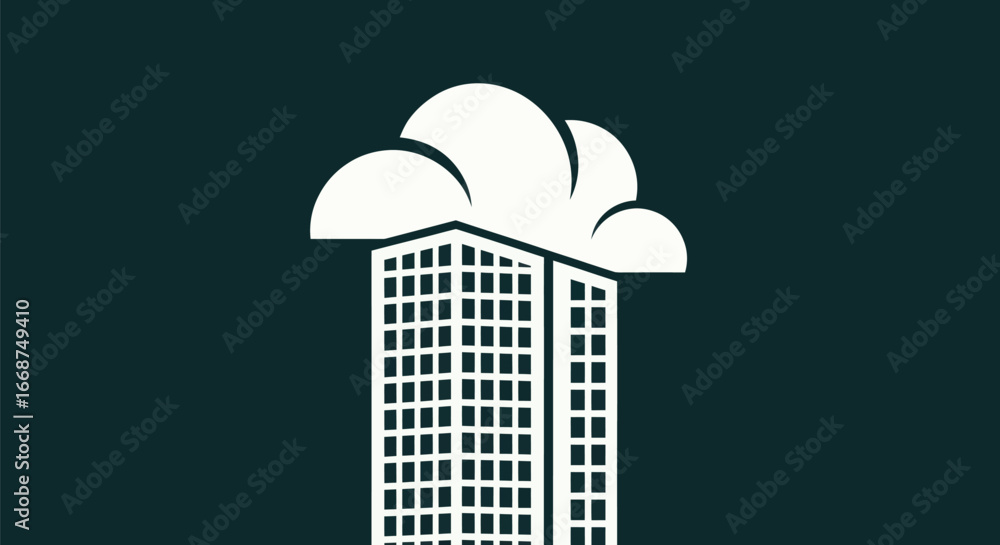 Poster modern skyscraper emerging from white cloud symbolizing cloud computing.