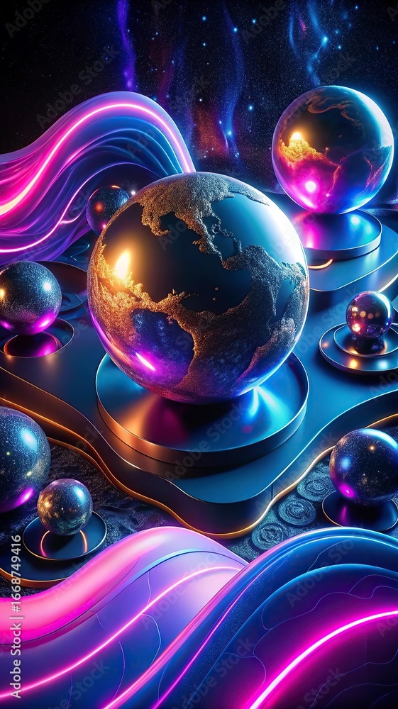 Poster 3d render, abstract background with gold and black balls.abstract background with colorful glass bal