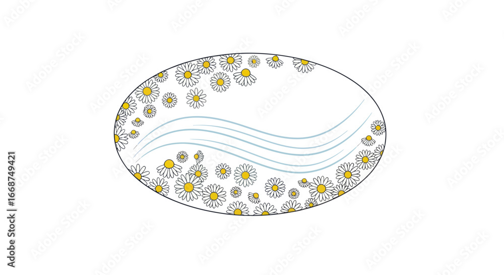 Poster abstract oval shape with wavy lines and circular patterns.