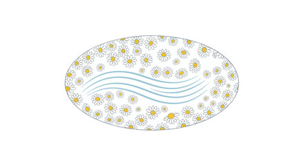Oval Floral Design with White Flowers and Blue Lines.