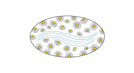 Oval design with scattered daisy flowers and wavy lines on white background.