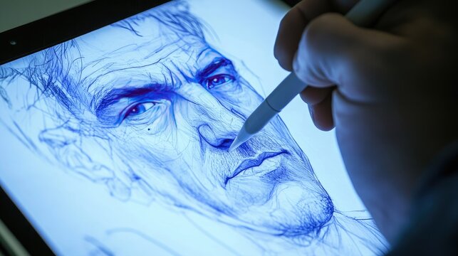 Close up of man hand using stylus pen drawing on digital tablet screen