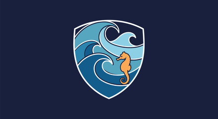 Seahorse emblem with stylized ocean waves and shield outline.