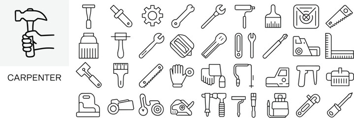 Carpenter tools icons set, woodworking equipment, hand tools, hammer, saw, wrench, screwdriver, construction gear, repair instruments, vector illustration design
