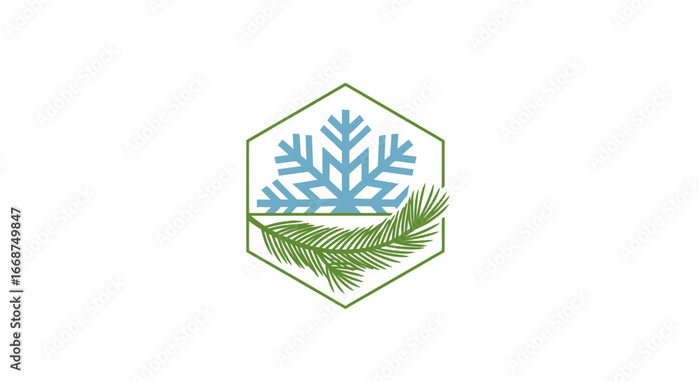 Poster Stylized snowflake and pine branch inside a hexagonal frame representing winter nature.