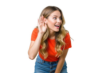 Fototapeta premium Young woman cupping hand to ear listening intently with amazed expression transparent background