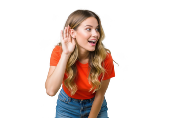 Young woman cupping hand to ear listening intently with amazed expression transparent background