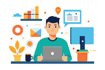 Man working on laptop with computer and data charts illustration